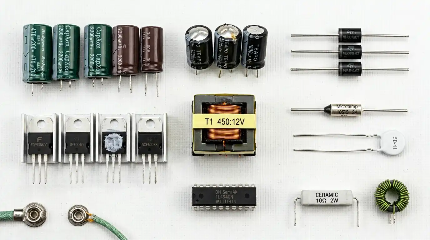 قطعات داخلی پاور کامپیوتر - خازن، MOSFET، دیود، ترانسفورمر